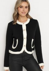 Czarny Kardigan z Wełną Guzikami i Ozdobnymi Kieszeniami Ennavia. Czarne kardigany damskie Born2be, z aplikacjami, z jeansu, eleganckie, długie. Za 139.99 zł.