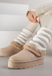 Ciemnobeżowe Krótkie Śniegowce na Platformie Ozdobione Futerkiem Sewlara. Brązowe śniegowce i trapery damskie Renee, z jeansu. Za 59.99 zł.