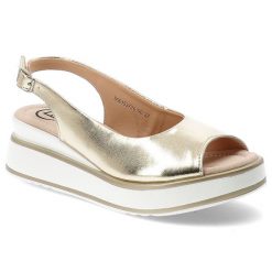 Sandały damskie Filippo, cholewka ze skóry naturalnej metaliczne wykończenie grubsza platformowa podeszwa, złote, DS6153/26. Żółte klapki damskie Filippo, bez wzorów, ze skóry, bez obcasa, na koturnie, bez zapięcia. Za 179.00 zł.