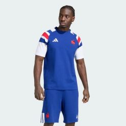 Męska koszulka Francja Rugby Travel. Niebieskie koszulki sportowe męskie Adidas, l, bez wzorów, z bawełny, bez kołnierzyka, bez ramiączek. Za 199.00 zł.