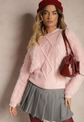 Różowy Sweter z Wełną o Fakturze Imitującej Pióra z Ozdobną Wstawką o Wzorzystym Splocie Mirirra. Czerwone swetry damskie Renee, bez wzorów, z wełny, casualowe, bez kołnierzyka, bez ramiączek, długie, bez kaptura. Za 54.99 zł.