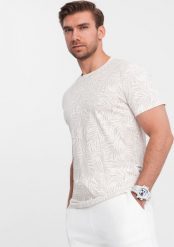 Ombre T-shirt męski fullprint w liście palmy - jasnobeżowy V1 OM-TSFP-0182 XXL. Brązowe t-shirty męskie Ombre, m, bez wzorów, bez kołnierzyka. Za 49.99 zł.