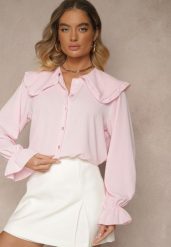 Różowa Koszula Ozdobiona Falbankami i Kołnierzykiem Evirana. Czerwone bluzki damskie Renee, uniwersalny, z aplikacjami, z jeansu, eleganckie, bez kołnierzyka, bez ramiączek. Za 59.99 zł.