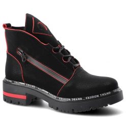 Botki damskie Lemar, sznurowany fason z bocznym zamkiem podwyższona cholewka dekoracyjne kontrastowe przeszycia, czarne floter czerwony, 60272. Czarne botki damskie Lemar, z nubiku, eleganckie, bez obcasa, bez zapięcia. Za 269.00 zł.