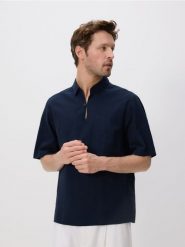 Koszula comfort z dodatkiem lnu - granatowy. Niebieskie koszule męskie Reserved, l, bez wzorów, z tkaniny, bez kołnierzyka, bez ramiączek. W wyprzedaży za 79.99 zł.