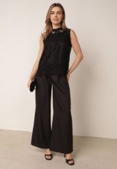 Czarny Letni Komplet Elegancki z Wiskozą Koronkowa Bluzka i Szerokie Spodnie Alcica. Czarne spodnie materiałowe damskie Born2be, m, bez wzorów, z bawełny. Za 279.99 zł.