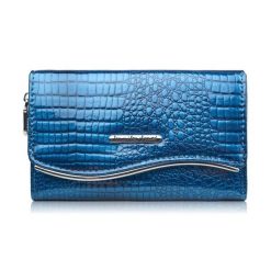 Portfel damski skórzany lakierowany z tłoczeniem croco niebieski SP-24-CDB. Niebieskie portfele damskie Paolo Peruzzi, bez wzorów, z lakierowanej skóry. Za 109.00 zł.