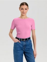 Bawełniana koszulka basic - różowy. Czerwone t-shirty damskie Sinsay, l, bez wzorów, z bawełny, bez kołnierzyka. Za 19.99 zł.
