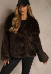 Brązowa Kurtka Futerko o Kroju Oversize z Szerokim Kołnierzem Reissa. Brązowe kurtki damskie Renee, bez wzorów, z futra, bez kaptura. Za 229.99 zł.