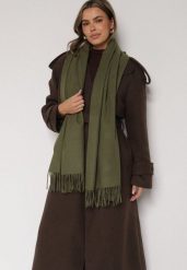 Ciemnozielony Szalik z Bawełną i Wiskozą Ozdobiony Frędzlami Siadortia. Zielone szaliki i chusty damskie Born2be, bez wzorów, z bawełny, biznesowe. Za 49.99 zł.