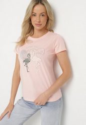 Różowy T-shirt z Bawełny z Cyrkoniami i Nadrukiem Listebia. Czerwone bluzki damskie Born2be, m, bez wzorów, z bawełny, klasyczne, bez kołnierzyka. Za 34.99 zł.