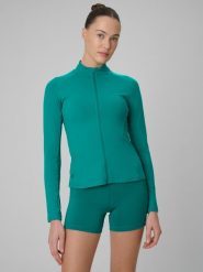 4F Bluza treningowa slim szybkoschnąca damska - turkusowa M. Niebieskie bluzy damskie 4f, l, bez wzorów, klasyczne, bez kołnierzyka, bez ramiączek, bez kaptura. Za 179.99 zł.