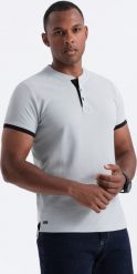 Ombre Męska koszulka polo bez kołnierzyka - jasnoszara V10 OM-TSCT-0156 XL. Szare koszulki polo męskie Ombre, m, bez wzorów, bez ramiączek. Za 79.99 zł.