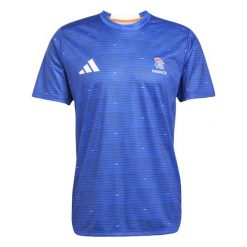 Koszulka treningowa France 2025/26. Niebieskie koszulki sportowe męskie Adidas, s, bez wzorów, z materiału, bez kołnierzyka, bez ramiączek, na fitness i siłownię. Za 240.10 zł.