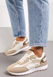 Ciemnobeżowe Sznurowane Sneakersy z Materiałowymi Wstawkami Aneril. Brązowe obuwie sportowe damskie Renee, bez wzorów, z materiału. Za 79.99 zł.