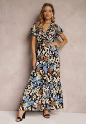 Czarno-Niebieska Sukienka z Wiskozy Maxi w Kwiaty Mahiza. Czarne sukienki damskie Renee, l, bez wzorów, z tkaniny, bez kołnierzyka, bez ramiączek, maxi, kopertowe. Za 59.99 zł.