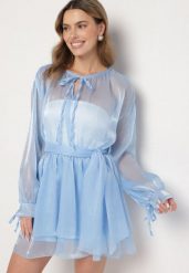 Niebieska Sukienka Ozdobiona Wiązaniem i Paskiem Nivoren. Niebieskie sukienki dla dziewczynek Born2be, bez wzorów, eleganckie, bez ramiączek, długie. Za 139.99 zł.
