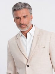 Męska marynarka o kroju REGULAR z lnem - kremowa V1 OM-BLZB-0128 - XXL. Białe marynarki męskie Ombre Clothing, bez wzorów, z materiału, biznesowe. W wyprzedaży za 249.99 zł.