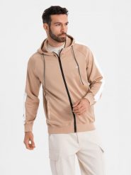 Rozpinana męska bluza z kapturem i lampasami - beżowa V4 OM-SSZP-0210 S. Brązowe bluzy męskie Ombre, m, bez wzorów, z kapturem. Za 393.34 zł.
