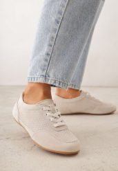Beżowe Perforowane Sneakersy z Zamszu Naturalnego ze Skórzaną Wkładką Mezlea. Brązowe obuwie sportowe damskie Born2be, bez wzorów, z jeansu. Za 189.99 zł.