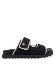 Guess Klapki FLJFDN FAB19 Czarny. Czarne klapki damskie Guess, z aplikacjami, ze skóry, bez obcasa. Za 389.99 zł.