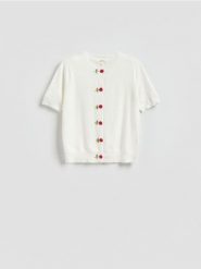 Kardigan z ozdobnymi guzikami - biały. Białe kardigany damskie Reserved, l, bez wzorów, z dzianiny. Za 139.99 zł.