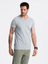 Klasyczna męska bawełniana koszulka z dekoltem w serek BASIC – szary melanż V16 OM-TSBS-0145 - L. Szare t-shirty męskie Ombre Clothing, l, bez wzorów, z bawełny, klasyczne, bez kołnierzyka. W wyprzedaży za 24.99 zł.