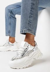 Białe Sneakersy na Grubej Podeszwie z Cyrkoniami i Ozdobnym Sznurkiem Evadnie. Białe obuwie sportowe damskie Born2be, bez wzorów. Za 119.99 zł.