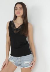 Czarny Top Bawełniany z Koronką Tylaia. Czarne bluzki damskie Born2be, l, z aplikacjami, z bawełny, bez kołnierzyka, bez ramiączek. Za 29.99 zł.