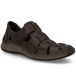 Skórzane półbuty męskie ażurowe brązowe Rieker 05281-25. Brązowe półbuty na co dzień męskie Rieker, ze skóry, bez zapięcia. Za 369.00 zł.