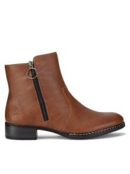 Rieker Botki 73450-22 Brązowy. Brązowe botki damskie Rieker, ze skóry, bez obcasa, na płaskiej podeszwie, bez zapięcia. Za 271.00 zł.