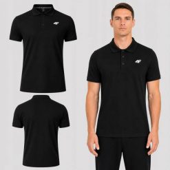 KOSZULKA POLO MĘSKA SPORTOWA 4F BAWEŁNIANA CZARNA M0771 SS26. Czarne koszulki polo męskie 4f, l, bez wzorów, z bawełny, bez kołnierzyka, bez ramiączek, na fitness i siłownię. Za 89.99 zł.