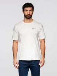 T-shirt męski z niewielkim nadrukiem na klatce piersiowej - biały V3 - Rozmiar: S. Białe t-shirty męskie Ombre Clothing, m, bez wzorów, z bawełny, biznesowe, bez kołnierzyka. W wyprzedaży za 45.50 zł.