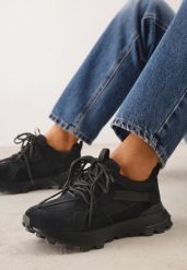 Czarne Zamszowe Sneakersy w Stylu Chunky z Podwójnym Wiązaniem i Perforacją Kildei. Czarne obuwie sportowe damskie Renee, bez wzorów, z jeansu. Za 249.99 zł.