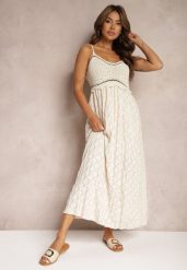 Beżowa Sukienka na Ramiączkach o Rozkloszowanym Kroju Quemvia. Brązowe sukienki damskie Renee, na co dzień, z aplikacjami, glamour, bez kołnierzyka, bez ramiączek, maxi, rozkloszowane. Za 89.99 zł.