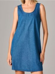 Sukienka jeansowa - niebieski. Niebieskie sukienki damskie Sinsay, l, bez wzorów, z jeansu, bez kołnierzyka, bez ramiączek. W wyprzedaży za 35.99 zł.