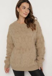 Ciemnobeżowy Sweter o Luźnym Kroju i Wzorzystym Splocie ze Ściągaczami Elondrae. Brązowe swetry damskie Born2be, uniwersalny, bez wzorów, z bawełny, eleganckie, bez kołnierzyka, bez ramiączek, długie, bez kaptura. Za 149.99 zł.