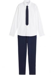 Koszula z długim rękawem + spodnie chino + krawat (3 części). Niebieskie koszule dla chłopców bonprix, bez wzorów, eleganckie, bez kołnierzyka, bez ramiączek. Za 169.99 zł.