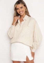 Beżowa Koszula Zapinana na Guziki z Kieszonką Uloedri. Brązowe bluzki damskie Born2be, l, bez wzorów, z jeansu, biznesowe, bez kołnierzyka, plus size, bez ramiączek. Za 119.99 zł.