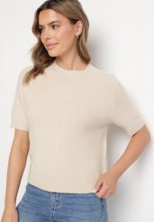 Beżowy Sweter z Wełną z Krótkim Rękawem Dannoria. Brązowe swetry damskie Born2be, uniwersalny, bez wzorów, z jeansu, eleganckie, bez kołnierzyka, bez ramiączek, krótkie, bez kaptura. Za 149.99 zł.