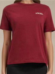 Koszulka z drobnym napisem - bordowy. Czerwone t-shirty damskie Sinsay, l, bez wzorów, bez kołnierzyka. Za 25.99 zł.