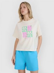 4F T-shirt oversize z nadrukiem damski - biały S. Białe koszulki sportowe damskie 4f, s, bez wzorów, z bawełny, bez kołnierzyka, bez ramiączek. W wyprzedaży za 39.99 zł.