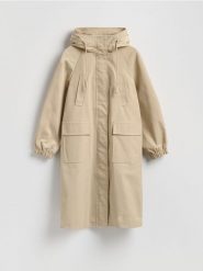 Parka z kapturem - beżowy. Brązowe parki damskie Reserved, l, bez wzorów, z tkaniny, z kapturem. Za 299.99 zł.