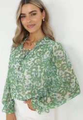 Zielona Koszula z Ozdobnymi Guzikami i Wiązaniem przy Dekolcie Alaiya. Zielone bluzki damskie Born2be, l, bez wzorów, z jeansu, eleganckie, bez kołnierzyka, bez ramiączek. Za 119.99 zł.