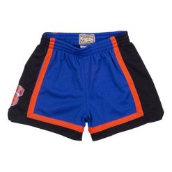 Szorty New York Knicks Jump Shot. Niebieskie krótkie spodenki sportowe męskie Mitchell & Ness, bez wzorów, do koszykówki. Za 377.50 zł.