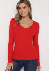 Czerwony Sweter Prążkowany z Trójkątnym Dekoltem Vorila. Czerwone swetry damskie Born2be, s, bez wzorów, prążkowane, eleganckie, bez kołnierzyka, bez ramiączek, bez kaptura. Za 39.99 zł.