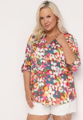 Różowo-Niebieska Koszula w Akwarelowe Kwiatki z Dekoltem na Guziki Smexina. Czerwone bluzki damskie Born2be, xl, bez wzorów, bez kołnierzyka, bez ramiączek. Za 74.99 zł.