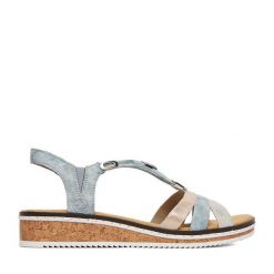 Sandały Rieker. Niebieskie sandały damskie Rieker, bez wzorów, bez obcasa, na płaskiej podeszwie, bez zapięcia. Za 319.99 zł.