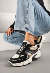 Czarno-Beżowe Sneakersy w Streetwearowym Stylu na Grubej Podeszwie Felethra. Czarne obuwie sportowe damskie Renee, bez wzorów, z jeansu. Za 89.99 zł.