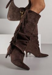 Brązowe Marszczone Kozaki z Imitacji Zamszu na Niskiej Szpilce z Frędzlami Linonra. Brązowe kozaki damskie Born2be, z jeansu, bez obcasa, na obcasie. Za 189.99 zł.